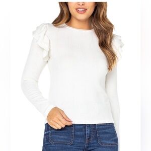 Celebrity Pink White Ribbed Ruffle Shoulder Long Sleeve Top